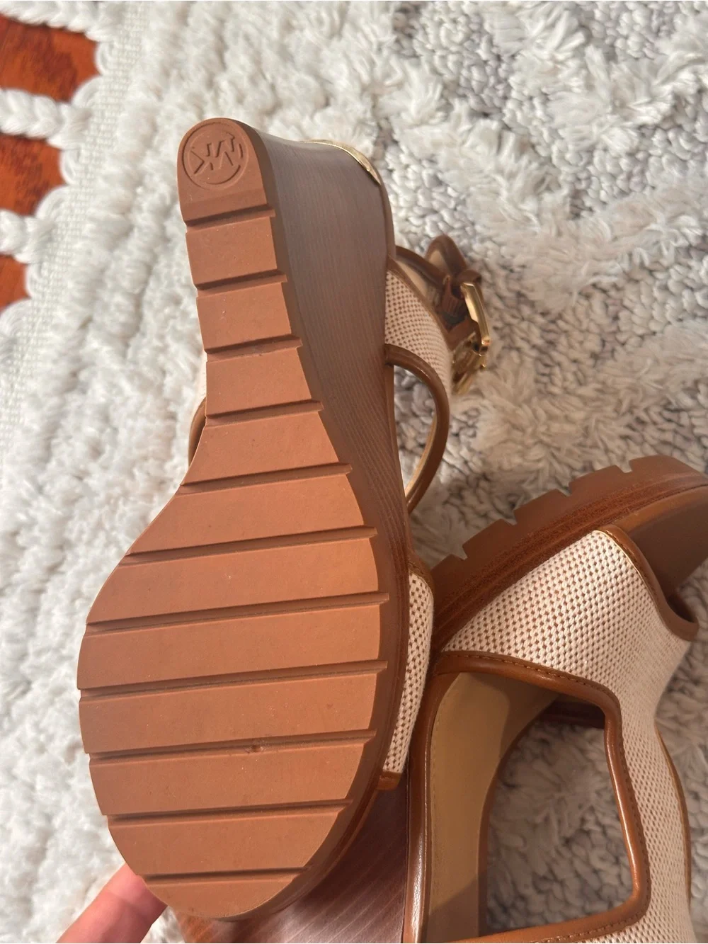 Michael Kors Gillian Wedge Euro Summer Sandals with Cream and Brown Leather Trim